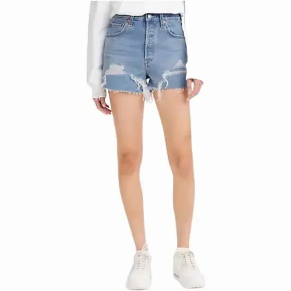 Levi's Ribcage Denim Cutoff Shorts 25 Tango Feels New NWT Distressed High Rise - Picture 7 of 7